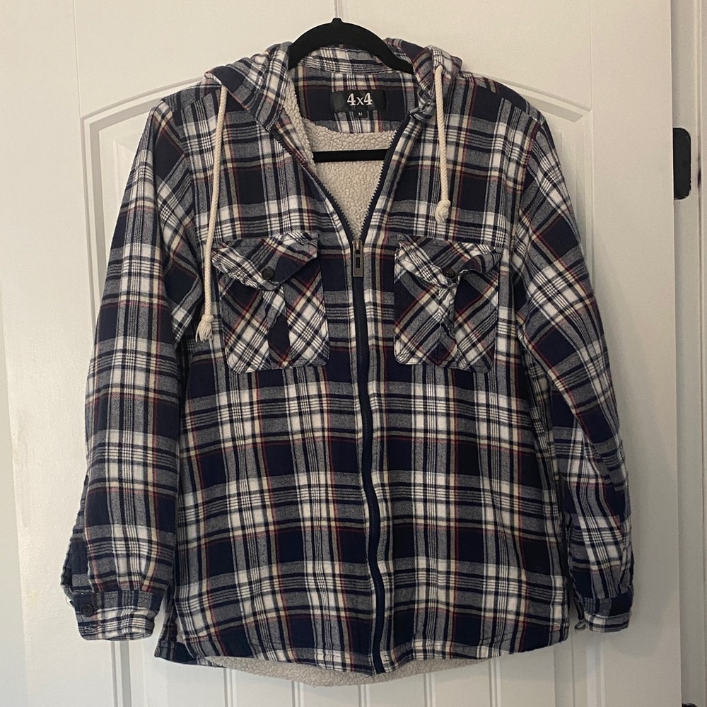 Men's Navy Plaid Flannel Hooded Sherpa-lined Jacket size medium